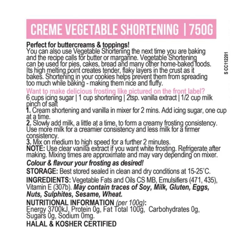 Cake Craft Vegetable Shortening info