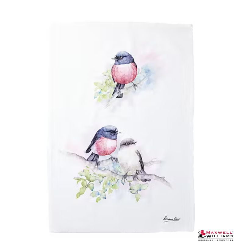 katherine castle bird life tea towel pink robin