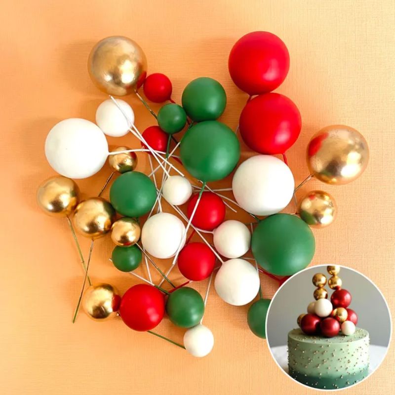cake topper deco foam ball set gold red green white christmas