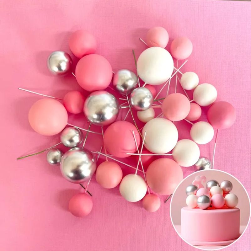 cake topper deco foam ball silver pink white