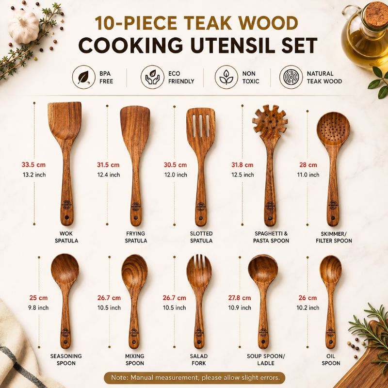 woodecor teak wooden utensil set measurements