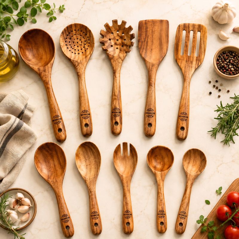 woodecor teak wooden utensil set range