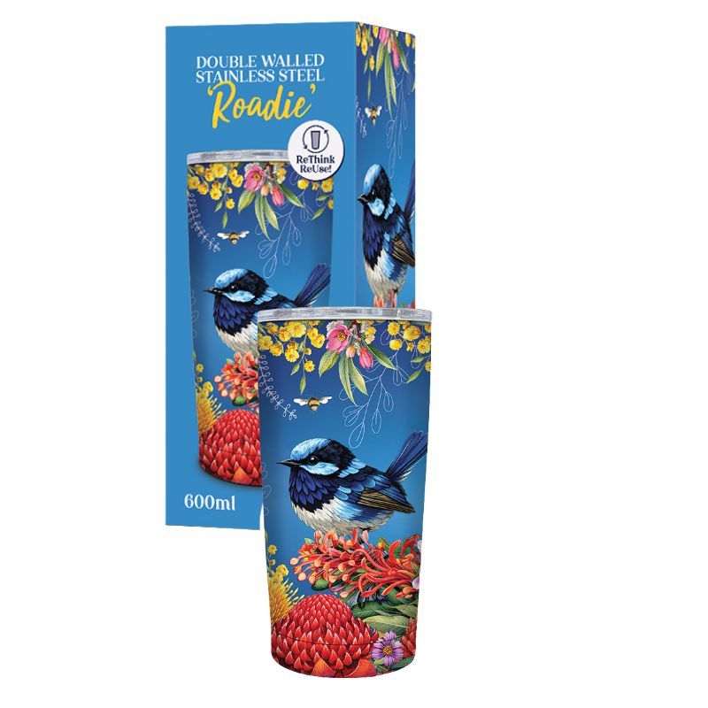 lisa pollock roadie travel mug floral fairy wren bird boxing