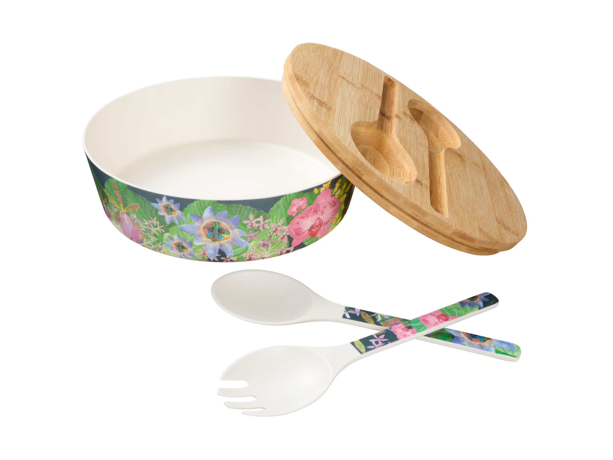 MW Tropical Twilight Melamine Bowl With Lid 25x9cm & salad servers.